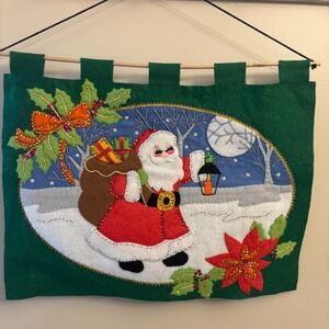 Vintage 70's Christmas Grumpy Santa Felt Sequin Wall Hanging Banner Retro Kitsch